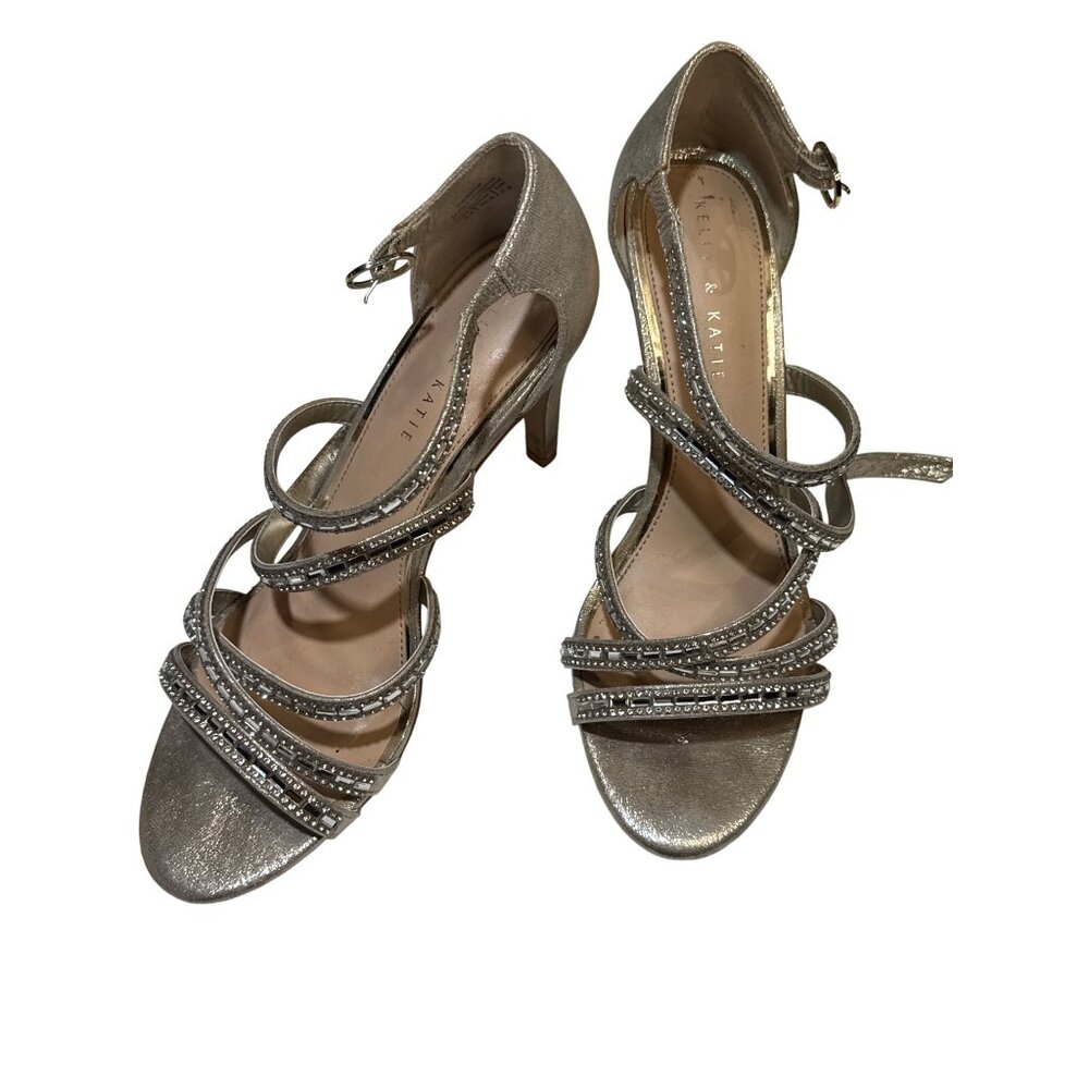 Kelly & Katie Metallic Gold Strappy Heels Size 9.5 Rhinestone Ankle Strap Sandal